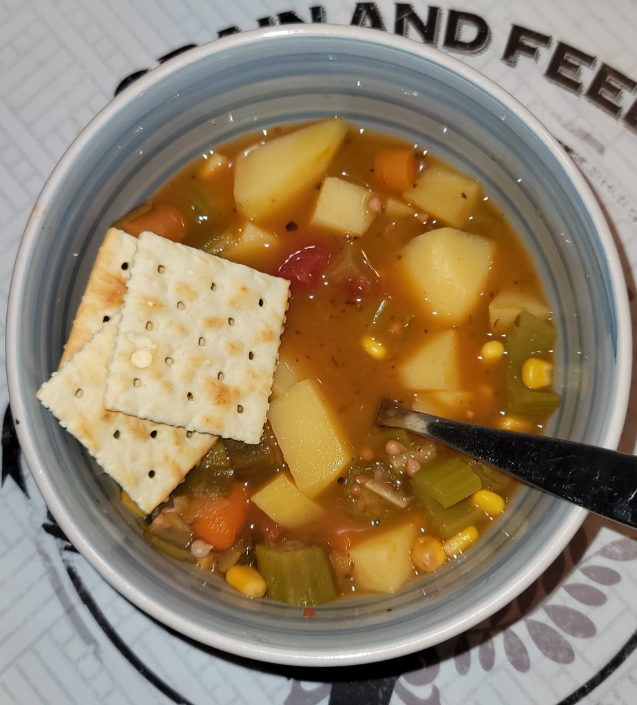 Vegetable soup in a bowl cooked with minimal effort or electricity/gas.
