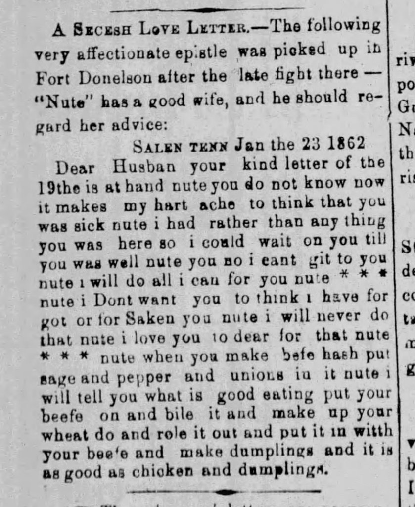 A handwritten letter dated January 23, 1862, expressing affection and advice on cooking, specifically mentioning chicken and dumplings and including personal expressions of longing.